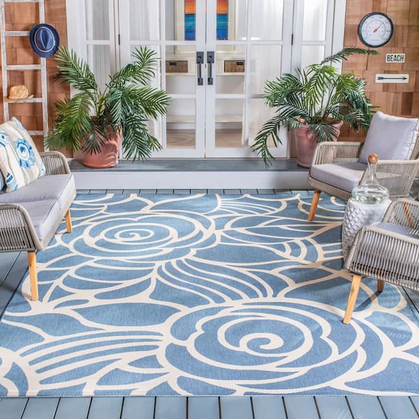 Courtyard Blue/Beige 9 ft. x 12 ft. Floral Indoor/Outdoor Patio  Area Rug