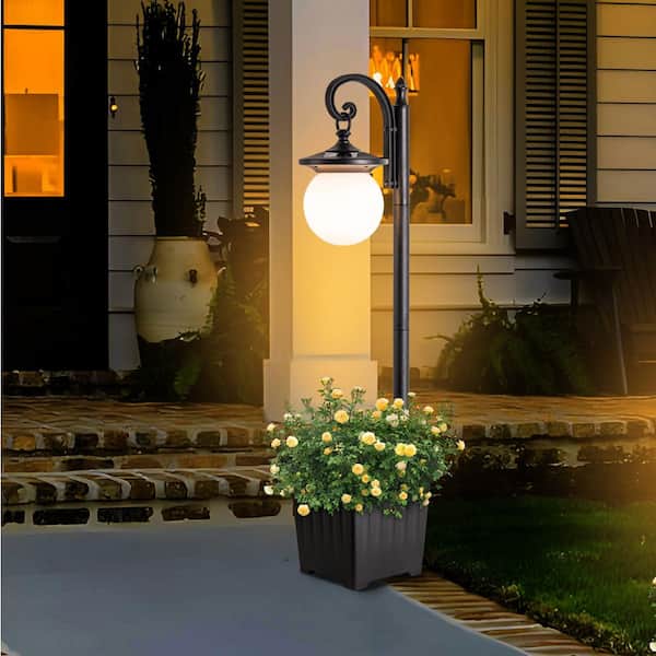 Black Plastic Weather Resistant Solar Integrated LED Outdoor Waterproof Post Light Set with Planter and Acrylic Shade