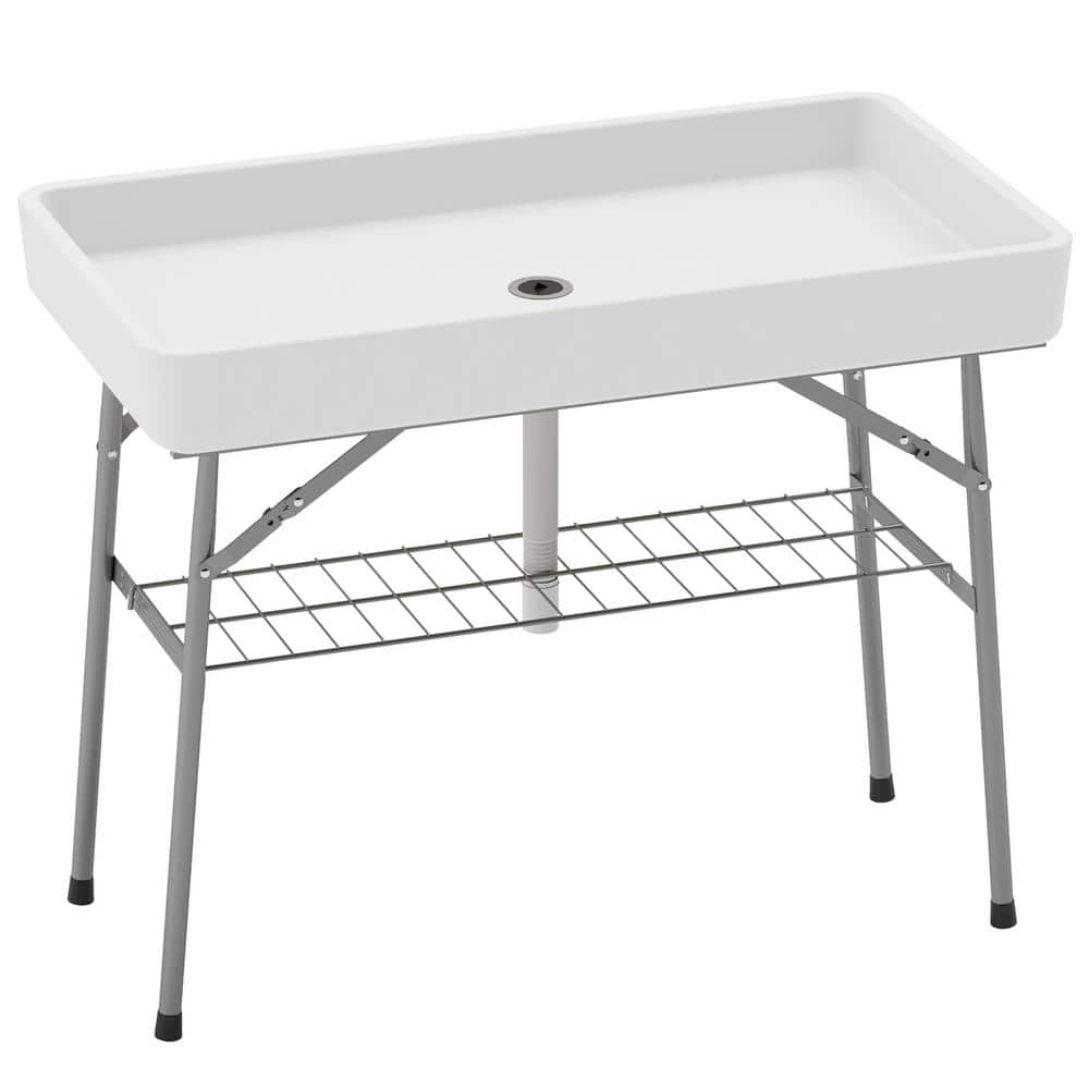 40.6 in. White Rectangle Steel Picnic Tables, Folding Ice Cooler Table with