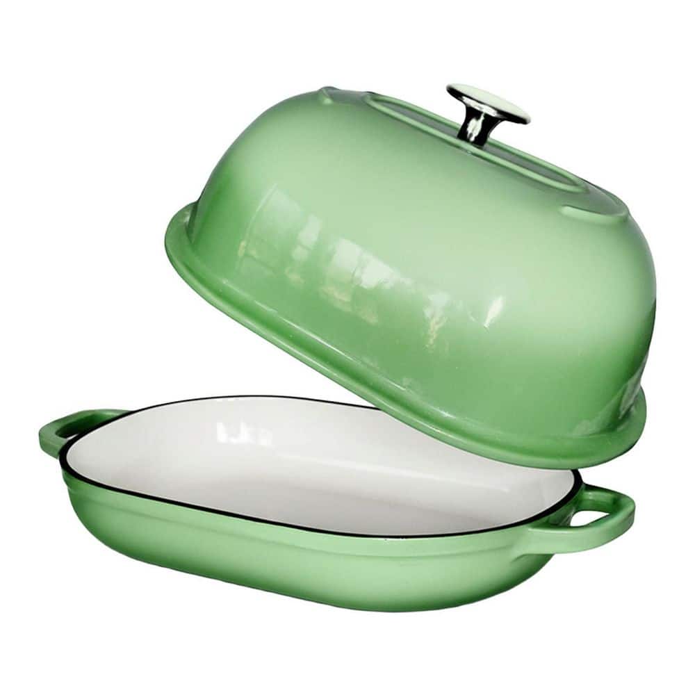 UUDULY 6 qt. Oval Cast Iron Dutch Oven Enameled Bread Pan in Green