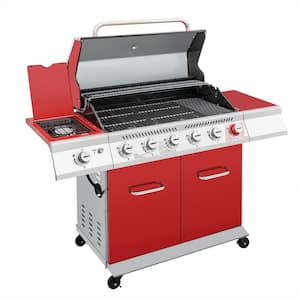 6-Burner BBQ Liquid Propane Gas Grill with Sear Burner and Side Burner in Red