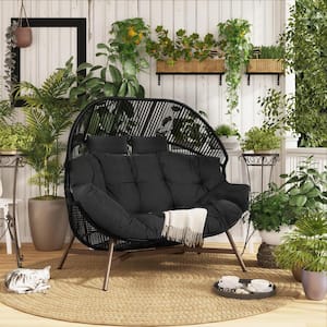 Drak Grey Wicker Outdoor Double Floor-Standing Lounge Egg Chair with Cushion and Headrest