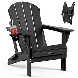 Black Folding HDPE Adirondack Chairs, Sturdy Outside Chairs, Lawn Chairs