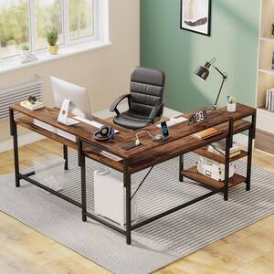 Perry 78.7 in. L Shaped Rustic Brown Wood Computer Desk with Power Outlets, Monitor Stand and Storage Shelves