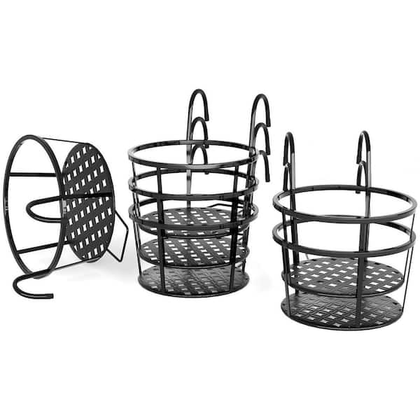 7.4 in. Dia. Black Round Hanging Railing Planters Wrought Steel Flower Pot Holder Plant Stand Basket (6-Pack)