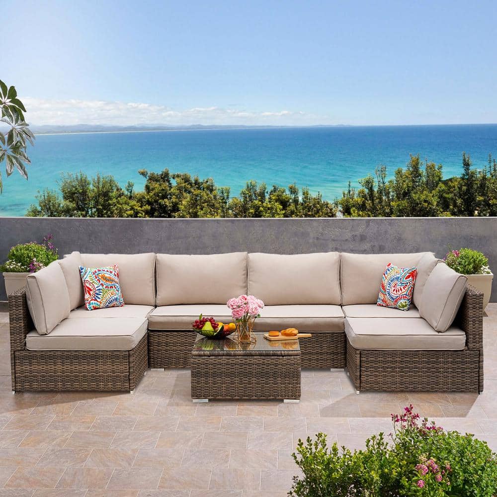 Elegant Wicker Patio Conversation Set with Beige Cushions, 400 lbs Weight C