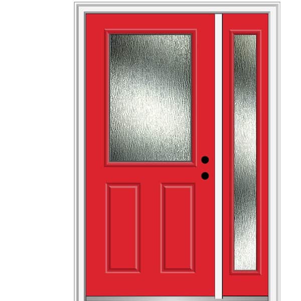 MMI Door Rain Glass 51 in. x 81.75 in. Left-Hand Inswing 1/2 Lite Painted Red Saffron Prehung Front Door on 4-9/16 in. Frame