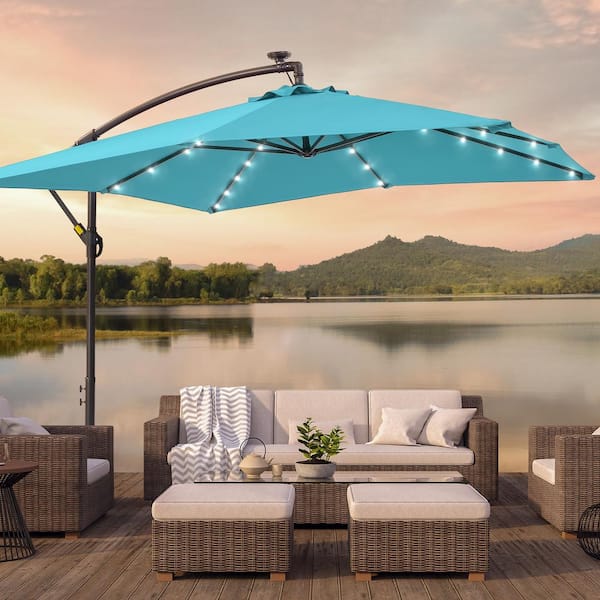 JOYESERY 8.2 ft. Solar LED Steel Pole and Ribs Square Outdoor Cantilever Offset Hanging Patio Umbrellas in Lake Blue