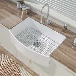 Farmhouse Sink 30 in. Apron Front Curved Single Bowl White Fireclay Farmhouse Kitchen Sink with Bottom Grid and Drain