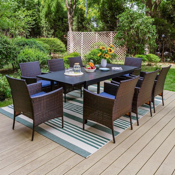 Black 9-Piece Metal Patio Outdoor Dining Set with Extendable Table and Rattan Chairs with Blue Cushion