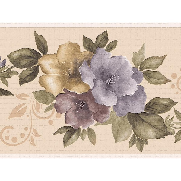 Dundee Deco Falkirk Dandy II Purple Yellow Green Flowers Blooming Floral Peel and Stick Wallpaper Border