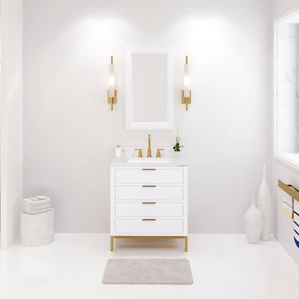 Water Creation Bristol 30 in. W x 21.5 in. D Vanity in Pure White with Marble Top in White with White Basin, Hook Faucet and Mirror