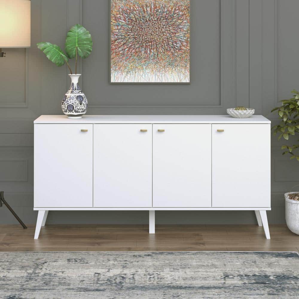Milo Mid-Century Modern White 4-Door Buffet with Brass Knobs