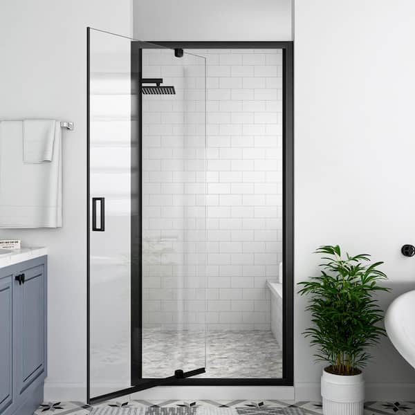 30 in. W x 72 in. H Pivot Framed Swing Shower Door in Single Panel in Black Finish with 1/4 in. Clear Tempered Glass