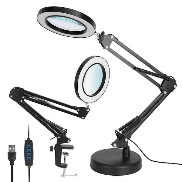 27.8 in. Black LED Magnifier Desk Lamp 8x Magnifying Glass with Light Swing Arm Desk Table Light USB Reading Lamps