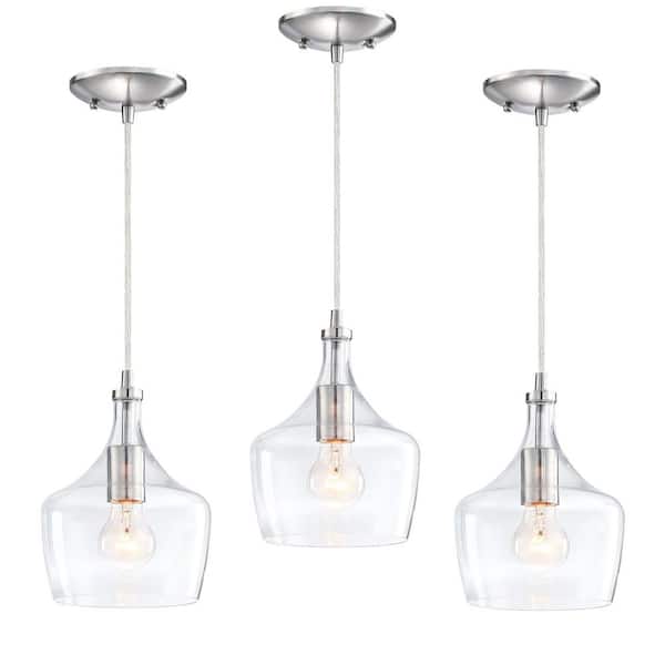 1-Light Brushed Nickel Kitchen Island Pendant Light with Clear Glass Light (3-Pack)