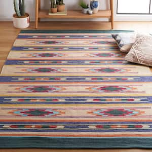 Cotton Kilim Blue/Ivory 5 ft. x 8 ft. Striped Native American Geometric Area Rug