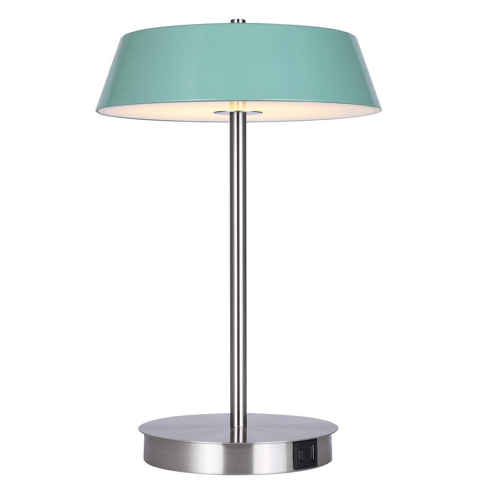 Jessa 14 in. Integrated LED Brushed Nickel Table Lamp with Teal Metal Shade, On/Off Touch and USB Chargeports