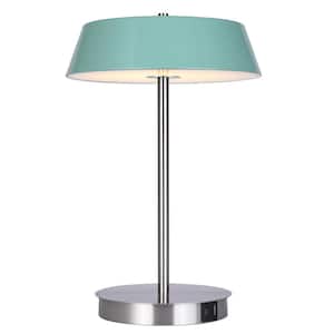 Jessa 14 in. Integrated LED Brushed Nickel Table Lamp with Teal Metal Shade, On/Off Touch and USB Chargeports