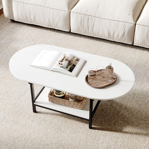 47.2 in. Length White Oval Wood Coffee Table, Side Table with Foldable Top, Open Shelf and Metal Frame
