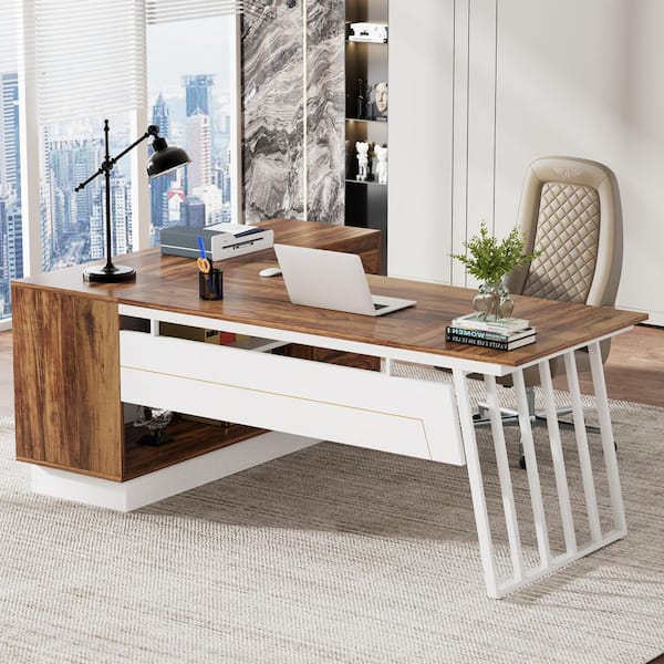 71 in. Brown L-Shaped Computer Desk with Cabinet, Large Executive Desk with Drawers and Storage Shelves for Home Office