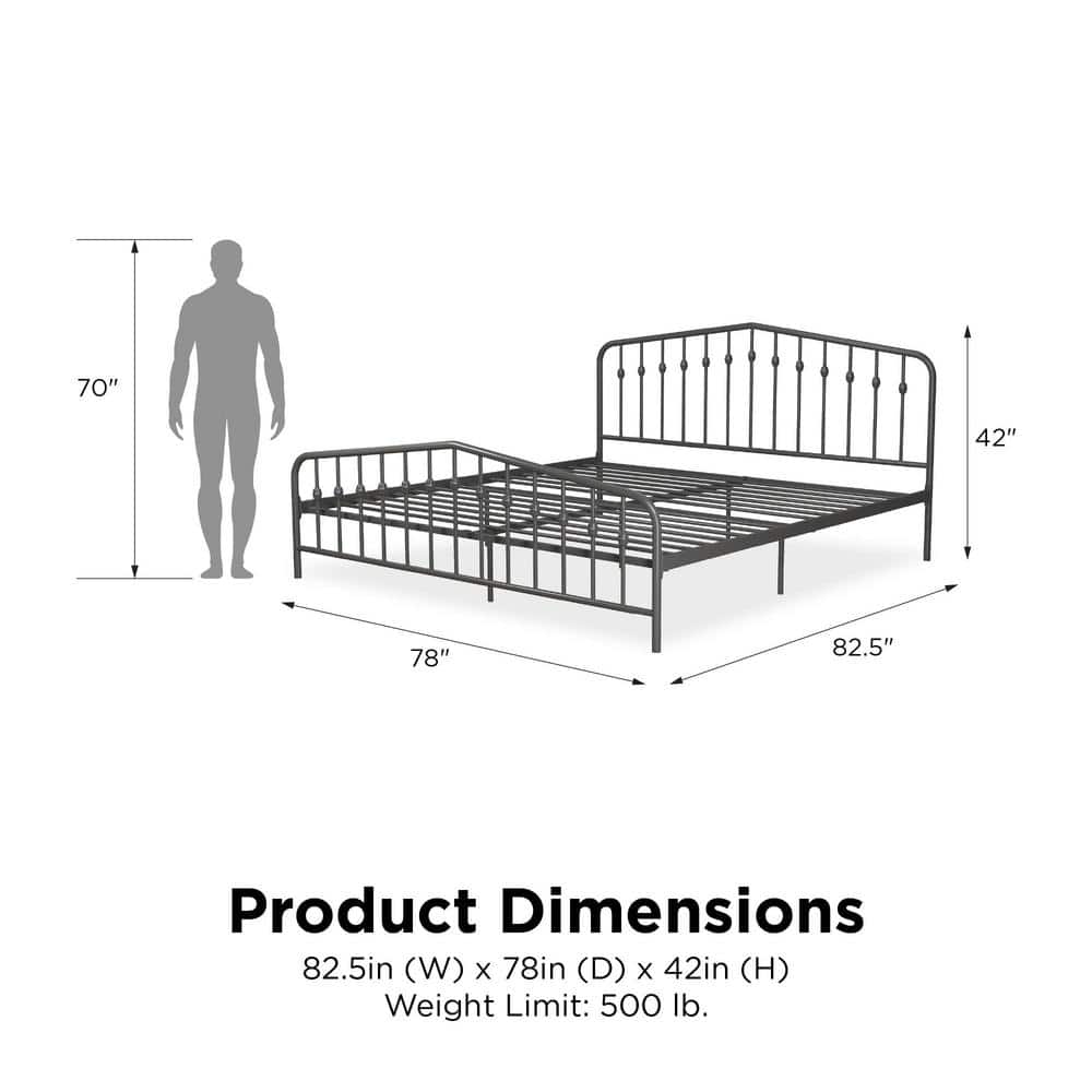King-Size Gunmetal Gray Metal Bed with Upholstered Headboard and Storage Drawer