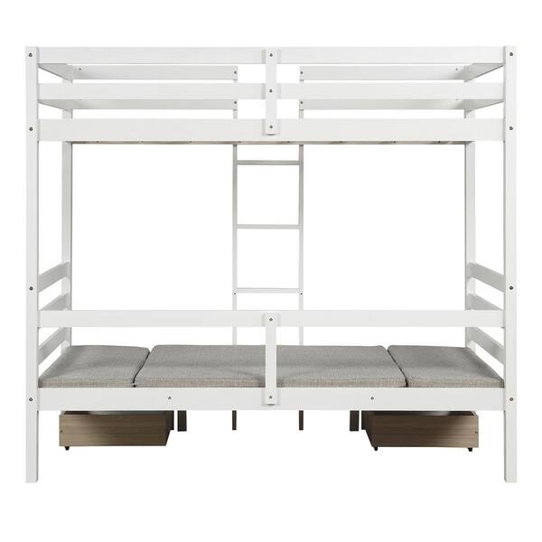 ANBAZAR White Twin Over Twin Wood Bunk Bed with 2 Drawers, Convertible Kids Loft Bed Frame with Desk and Storage Drawers