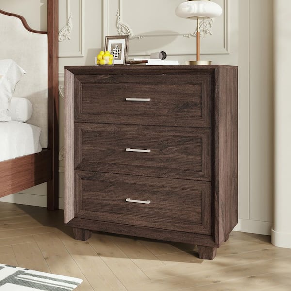 Rustic Brown 3-Drawer 31.4 in. W Nightstand with Metal Handles