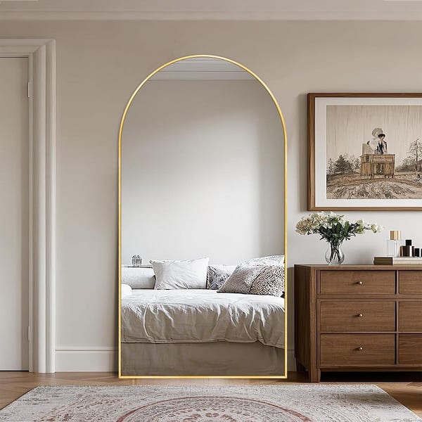 32 in. W x 71.2 in. H Modern Arched Aluminum Frame Gold Standing/Floor Standing Full-length Mirror