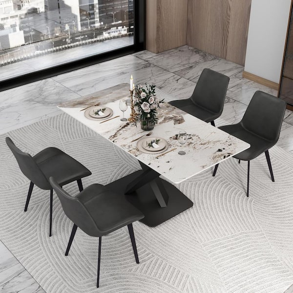 Pandora White Rectangle Sintered Stone Tabletop 62.99 in. Pedestal Dining Table with Carbon Steel Base (Seats-6)