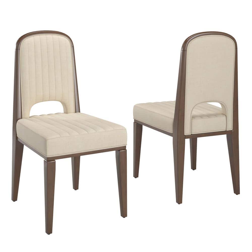 Walnut Wood Finish Cream Fabric Channel Stitching Dining Chair (Set of 2)