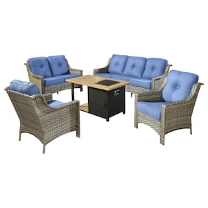 Crius Gray 5-Piece Wicker Patio Rectangular Fire Pit Set with Blue Cushions