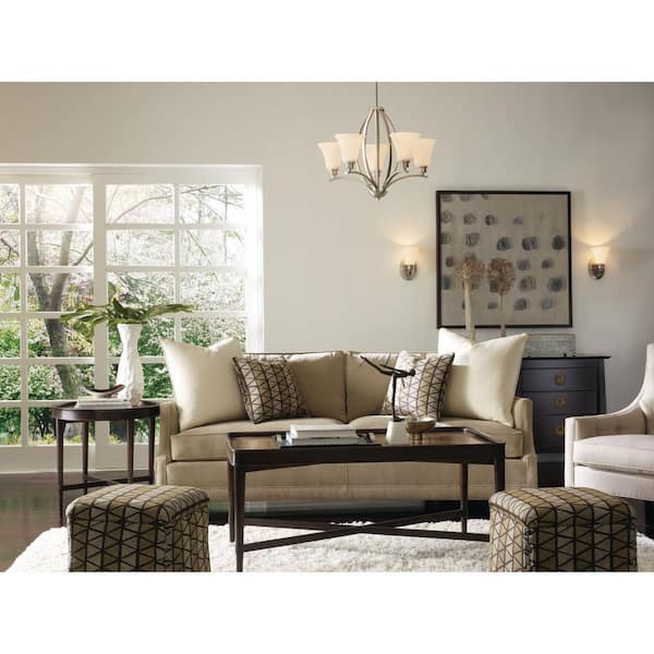 Joy Collection 5-Light Brushed Nickel Etched White Inside Glass Traditional Chandelier Light