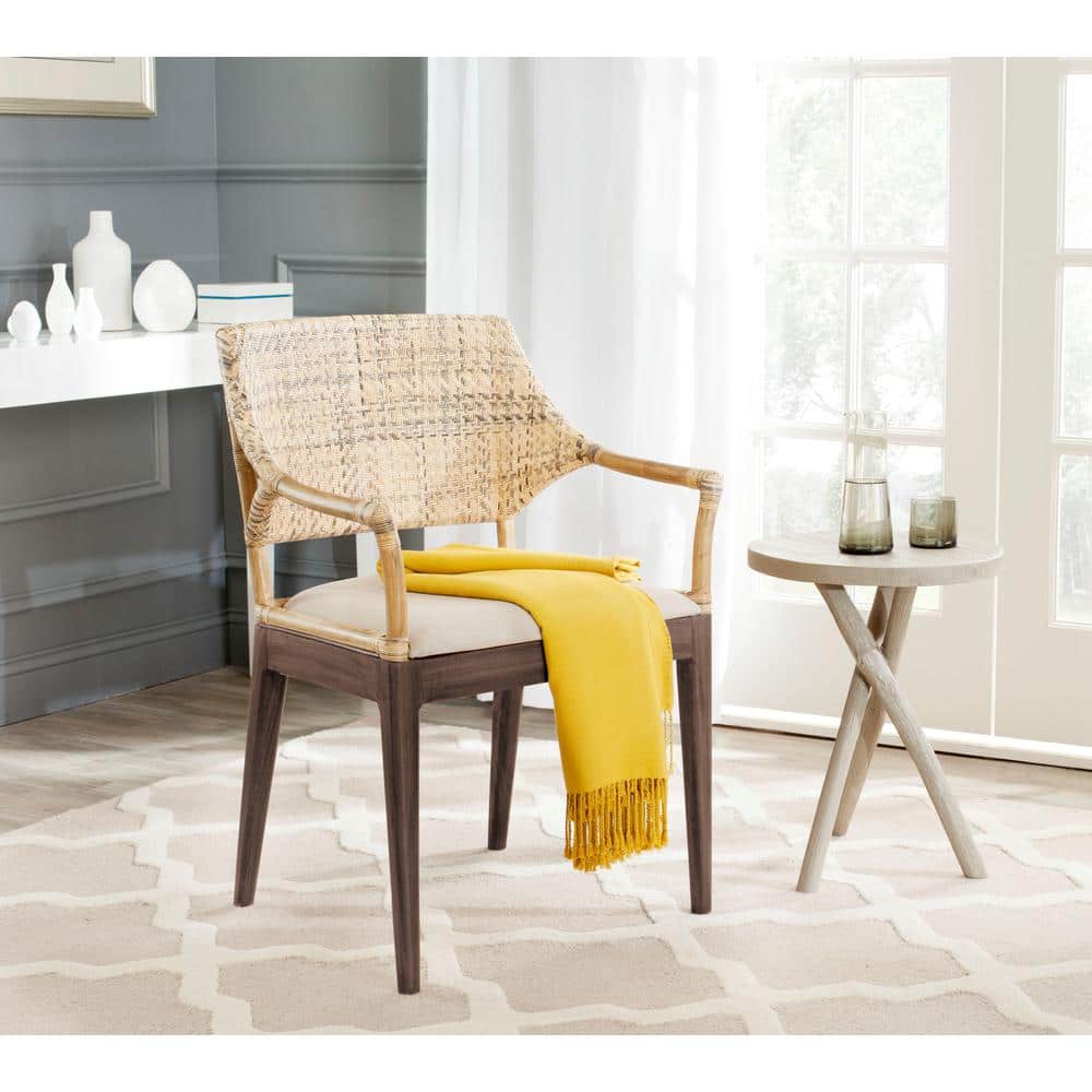 Carlo Transitional Rattan Arm Chair with Honey Mahogany Legs