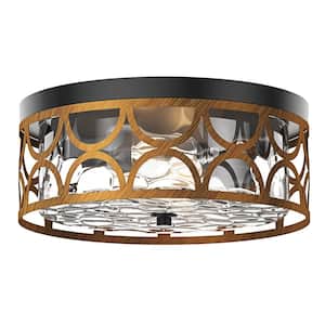 13.77 in. 2-Light Farmhouse Flush Mount Ceiling Light with Water Ripple Glass Shade