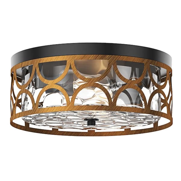 aiwen 13.77 in. 2-Light Farmhouse Flush Mount Ceiling Light with Water Ripple Glass Shade