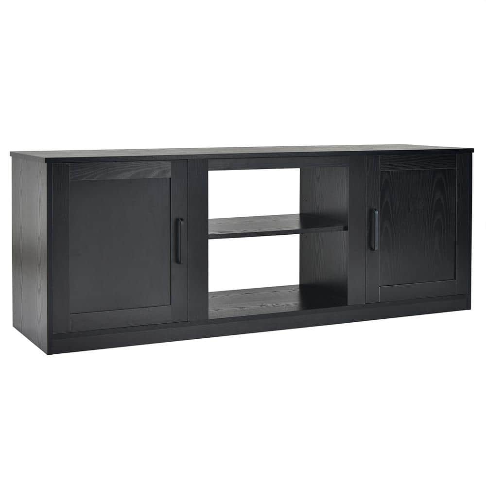Black Engineered Wood TV Stand with Cabinets and Fireplace Option