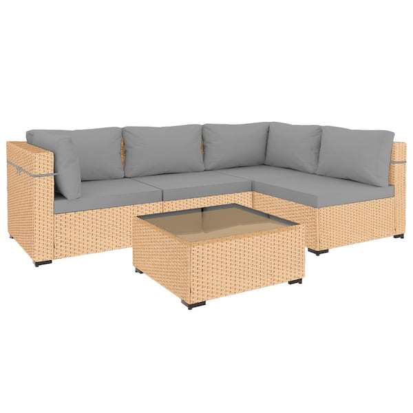 PATIOGUARDER 5-Piece Beige Wicker Patio Conversation Set with Light Gray Cushions and Coffee Table