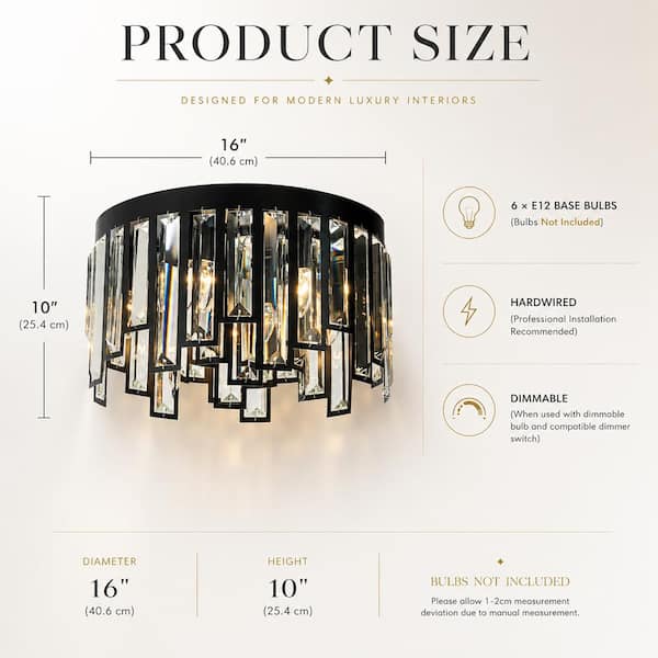 ✼ALOHA✼ ALOA DECOR 6-Lights 16 in. Modern Matte Black Drum Crystal Flush