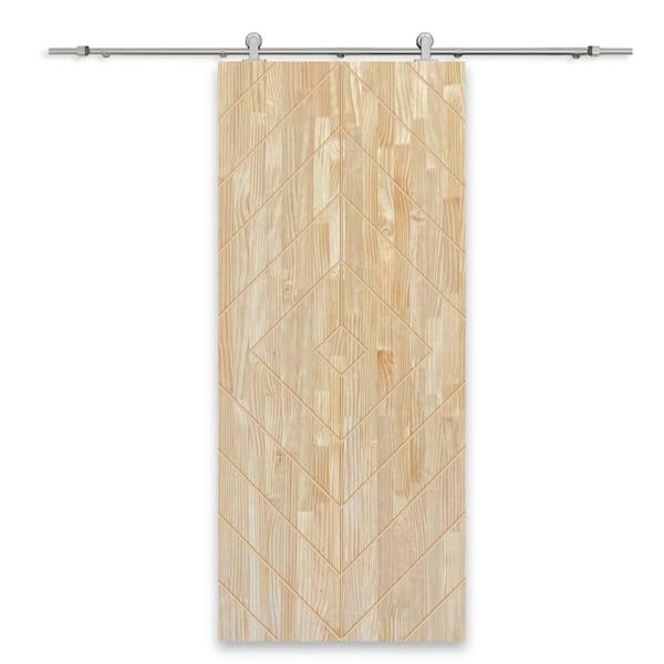 CALHOME Diamond 30 in. x 80 in. Fully Assembled Natural Pine Wood Unfinished Modern Sliding Barn Door with Hardware Kit