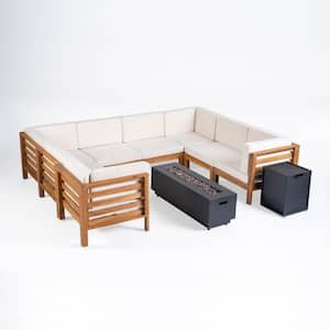Malawi Teak Brown 10-Piece Wood Outdoor Patio Fire Pit Sectional Seating Set with Dark Grey Cushions