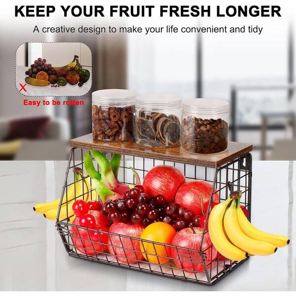 Lynzavix 1 Piece Metal Fruit Vegetable Storage Bin with Wooden
