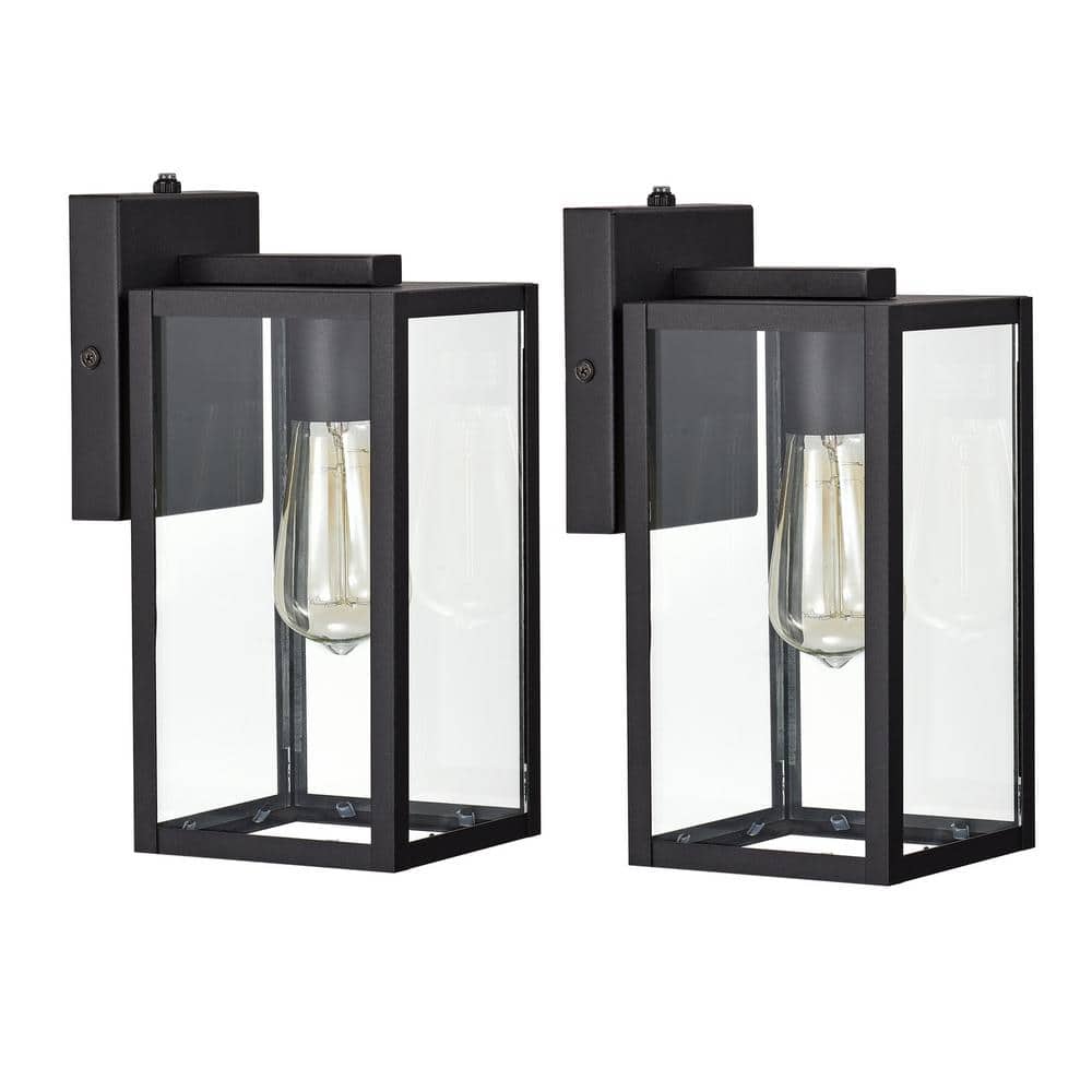 11.25 in. Textured Black Outdoor E26 Light Control Wall Lantern Sconce w/Cl