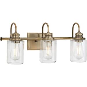Aiken 3-Light Vintage Brass Clear Glass Farmhouse Bath Vanity Light