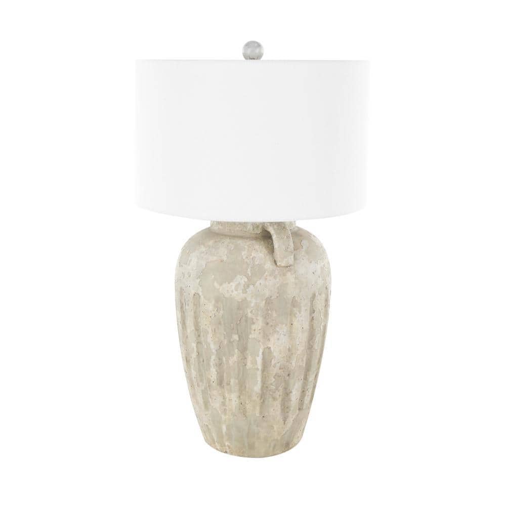 29 in. Cream Ceramic Distressed Antique Style Pot Vase Task and Reading Table Lamp with Cream Linen Shade -  Litton Lane, 046886