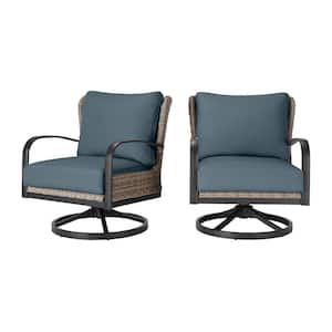 Hazelhurst Brown Wicker Outdoor Patio Swivel Lounge Chair with Sunbrella Denim Blue Cushions (2-Pack)