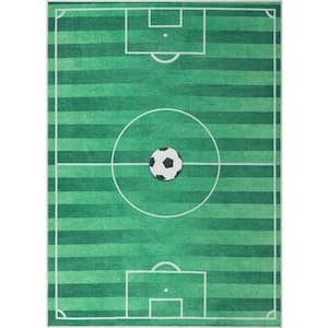 Soccer Field Modern Kids Green 3 ft. 3 in. x 5 ft. Machine Washable Flat-Weave Area Rug