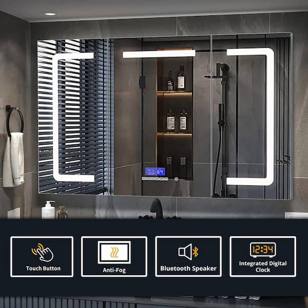 Lexora Lesina 60-in x 32-in Lighted LED Fog Free Surface Mount Gray Mirrored Soft Close Medicine Cabinet