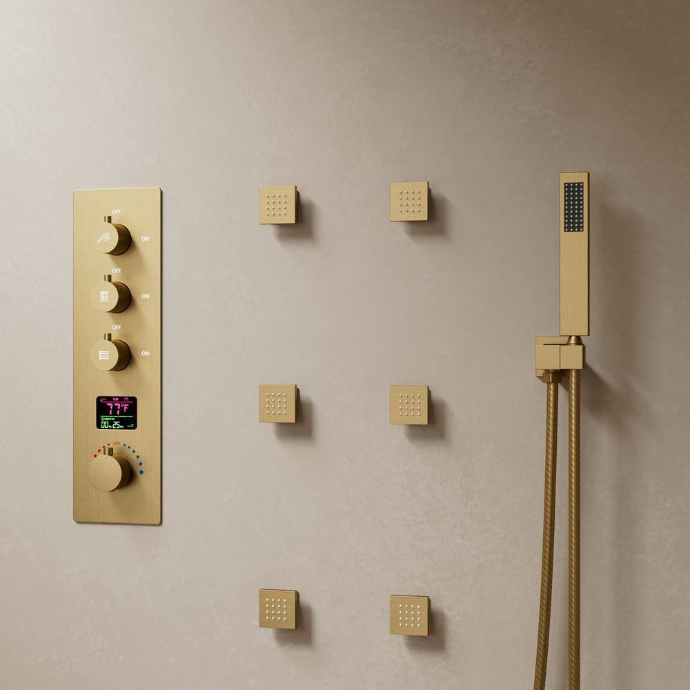 Brushed Gold 12" LED Ceiling Mounted Shower System with Digital Display