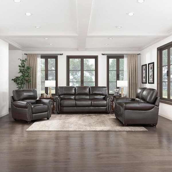 Lazzara Brennen 84 in. W Rolled Arm Leather Rectangle 3-Piece